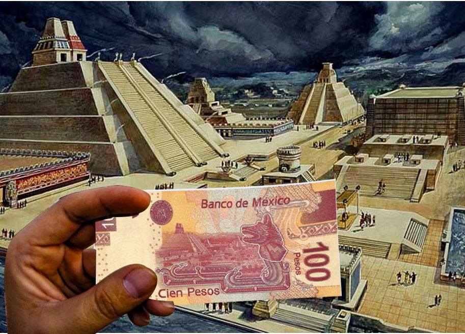 En el billete mexicano de 100 pesos se observa la imponente estructura del Templo Mayor dedicado a Tláloc y Huitzilopochtli.