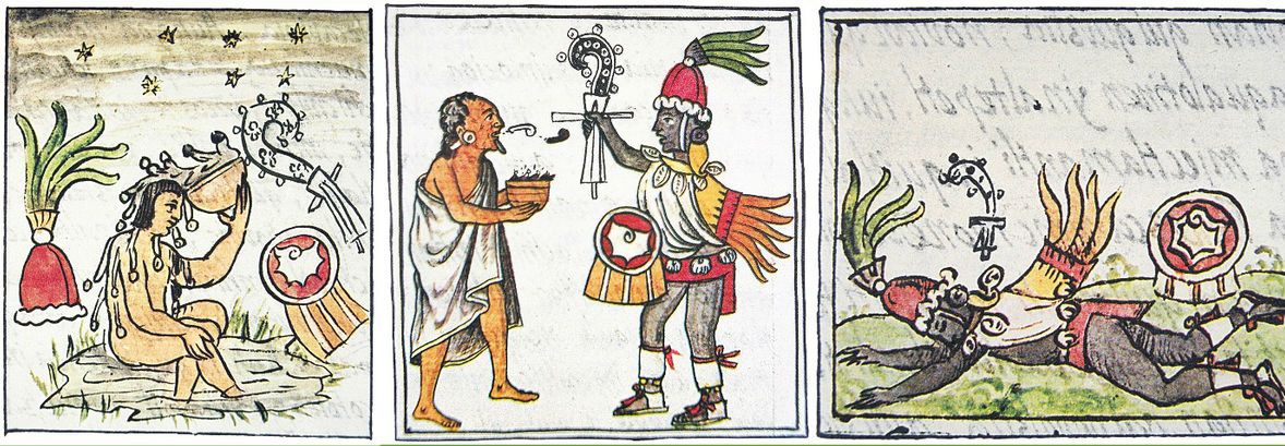 Izquierda: Topiltzin Quetzalcóatl se baña en la noche como parte de la vida de penitencia sacerdotal. Centro: Topiltzin Quetzalcóatl se enfrenta a Titlacahuan o Tezcatlipoca, quien, como un viejo, le ofrece un vaso de pulque. Derecha: Topiltzin Quetzalcóatl duerme embriagado y se olvida de sus obligaciones rituales, no acude a bañarse de noche en la acequia ni se autosacrifica con espinas de maguey; se rompe así la comunicación con los dioses. Códice Florentino, 